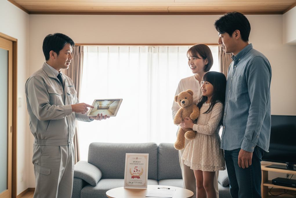 リビングで害獣駆除の専門家が日本人家族にタブレットで説明し、家族は安心した様子で耳を傾けている