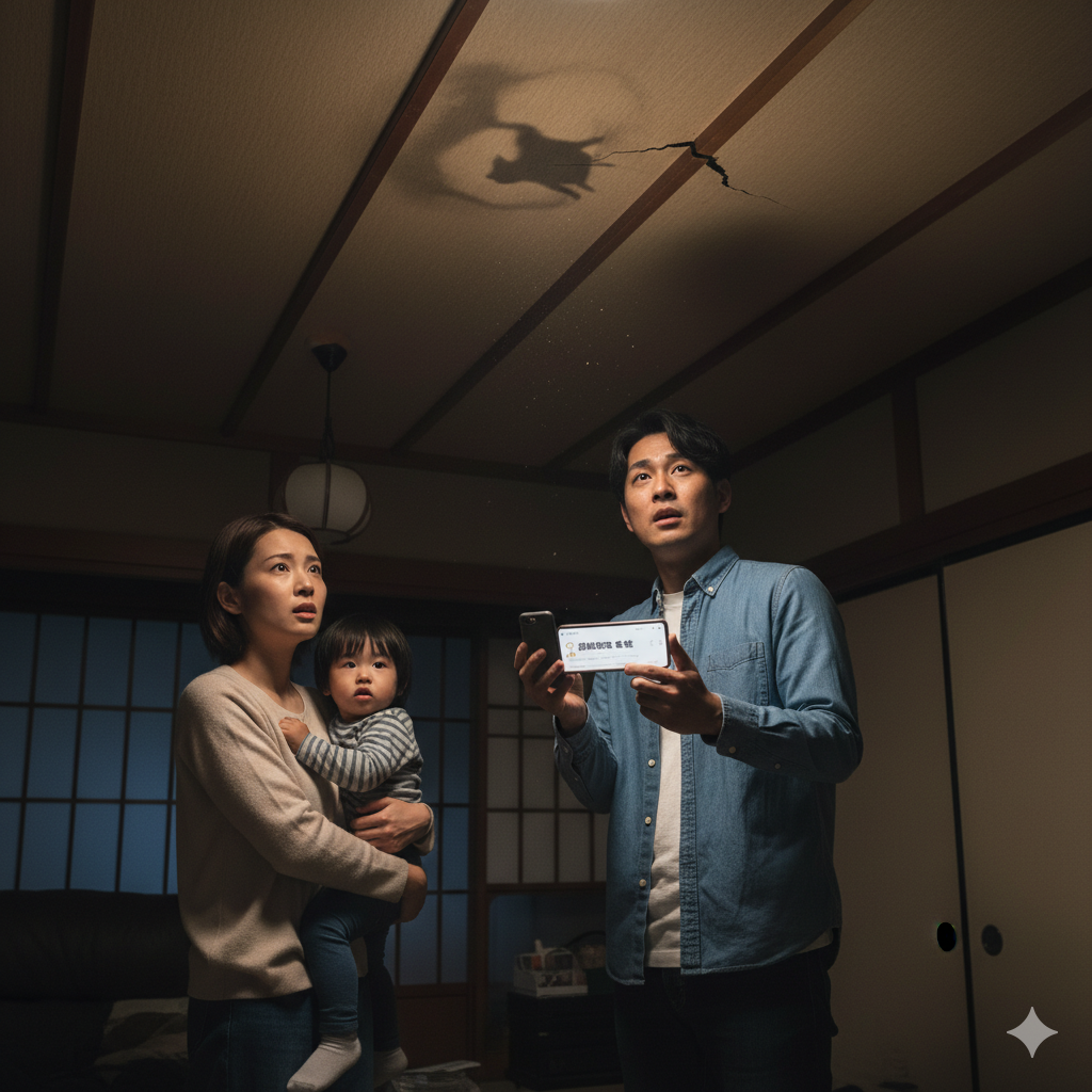 夜、天井から響く不審な物音に不安を感じ、スマホで害獣駆除業者を検索する日本人夫婦と子供