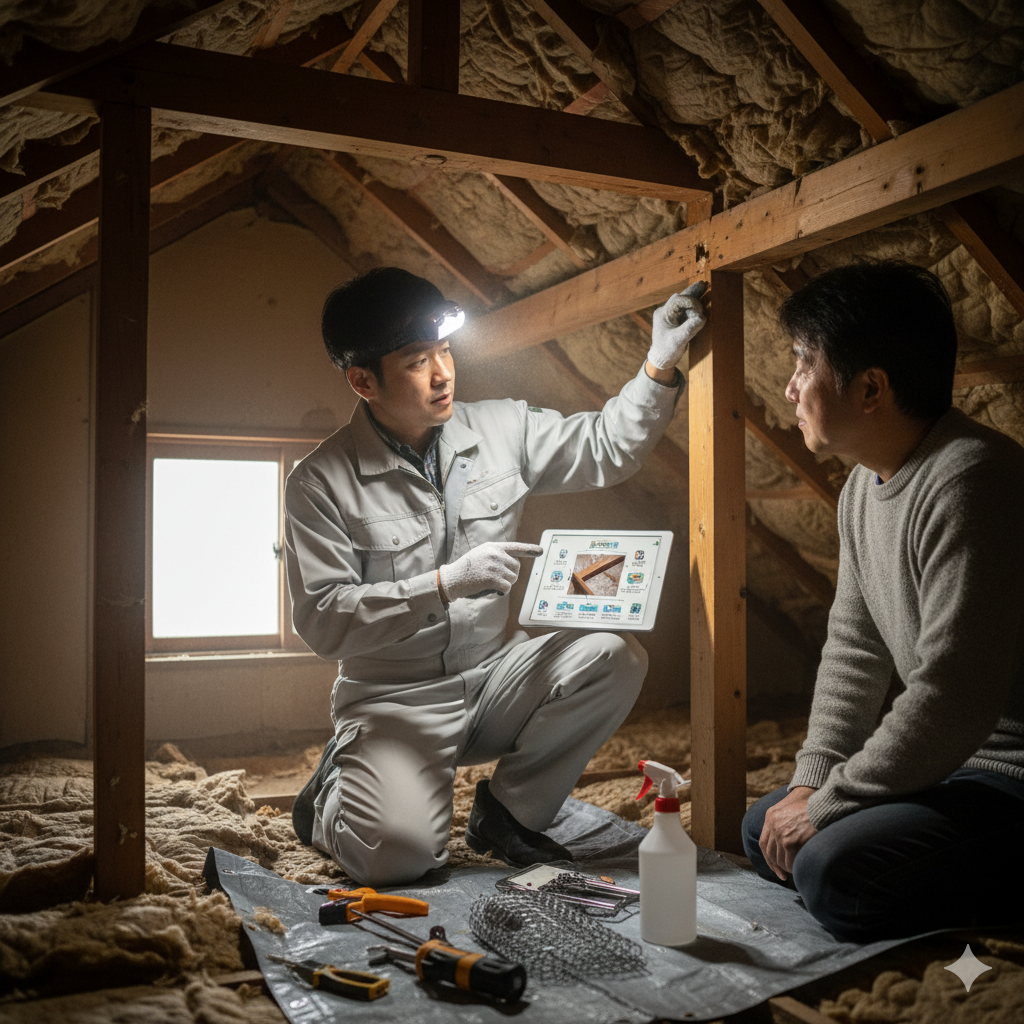 屋根裏で害獣駆除の専門家がタブレットを使って、駆除作業の流れと侵入経路の封鎖方法を日本人男性に説明している
